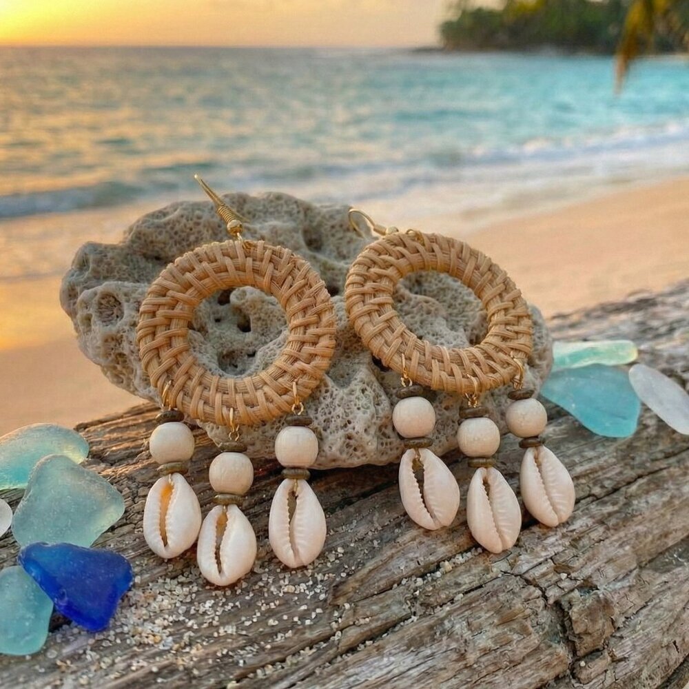 Rattan Woven Hoop Earrings Cowrie Shell Dangle Boho Coastal Mermaidcore Beach - Picture 9 of 16